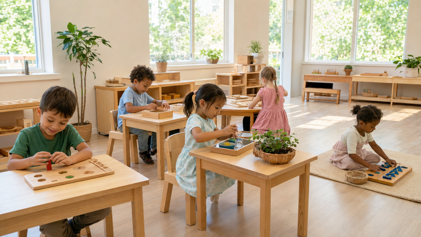 Modern Montessori school entrance with clean lines and warm lighting